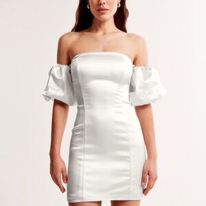 Abercrombie & Fitch White Satin off-the-shoulder puff sleeve mini dress
